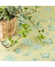 Nappe verte enduite motif toile de Jouy vegetal,palmes et palmiers verts