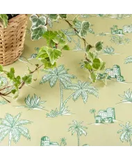 Nappe verte enduite motif toile de Jouy vegetal,palmes et palmiers verts