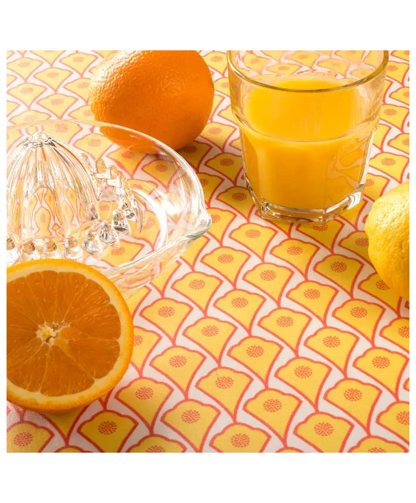 Nappe enduite jaune et orange. Toile enduite souple, nombreux coloris.
