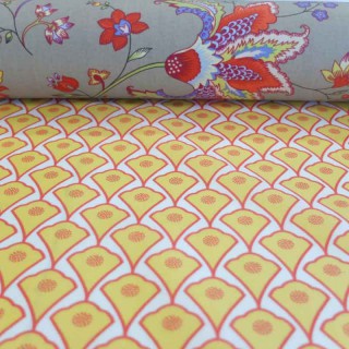 Nappe enduite jaune et orange. Toile enduite souple, nombreux coloris.