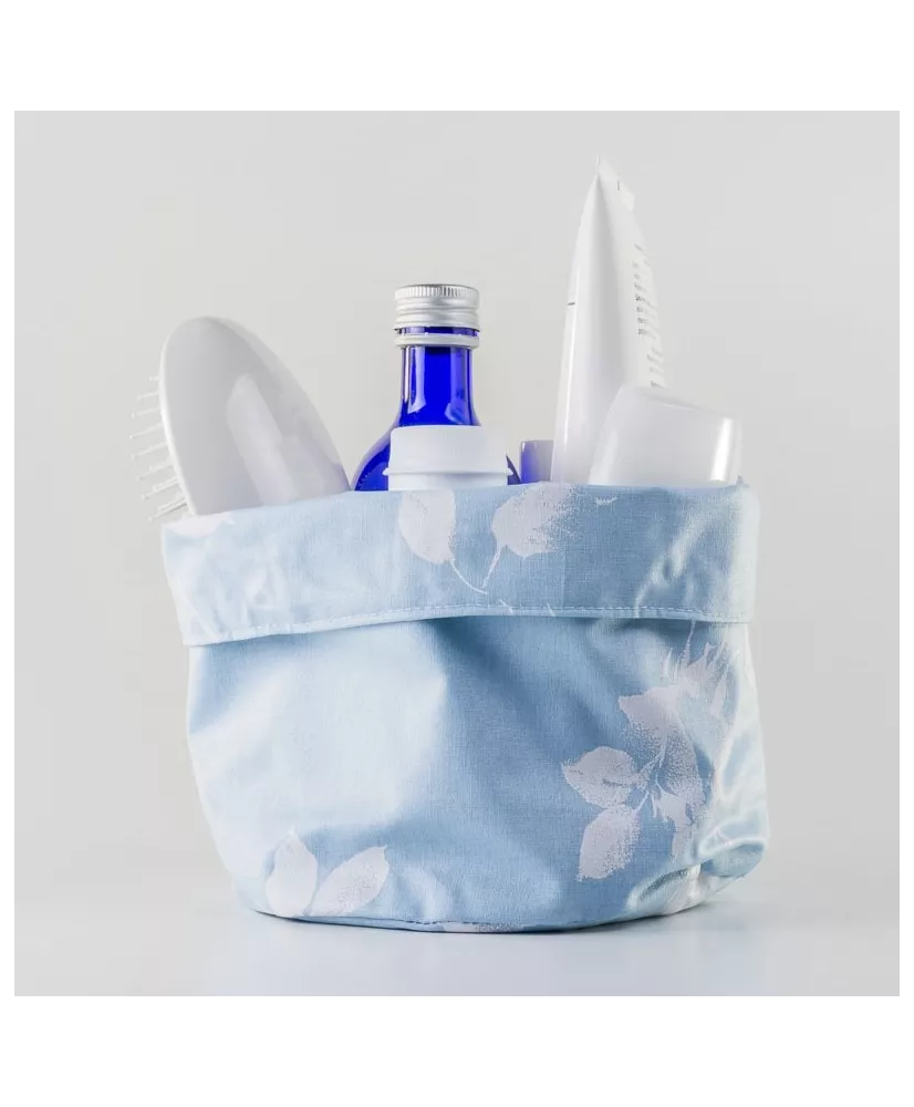 Panier de salle de bain, cache-pot et corbeille en tissu enduit bleu 