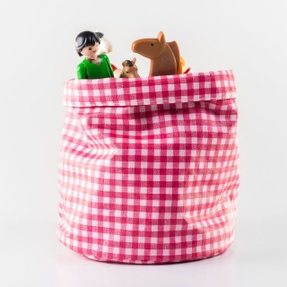 Panière toile enduite coton à carreaux vichy roses, rangement en tissu
