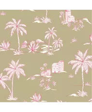 Nappe palmier. Toile enduite motif toile de Jouy moderne beige et rose